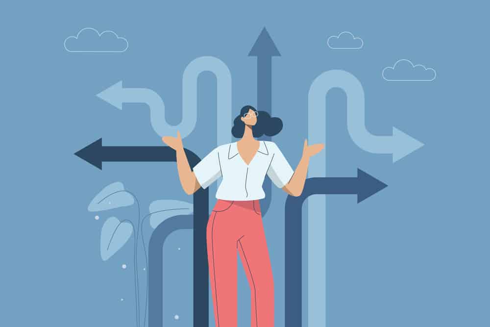 business woman lost at crossroads concept
